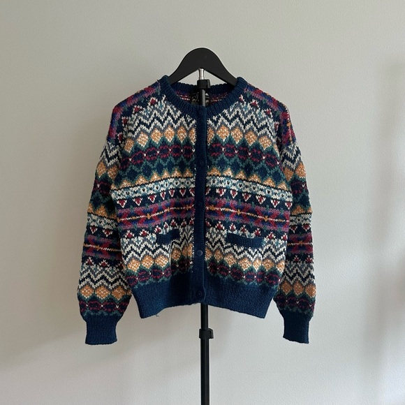 Casa Sweaters - Vintage Casa Bolivian Handknit Alpaca Blue Fair Isle Crew Neck Cardigan Size S